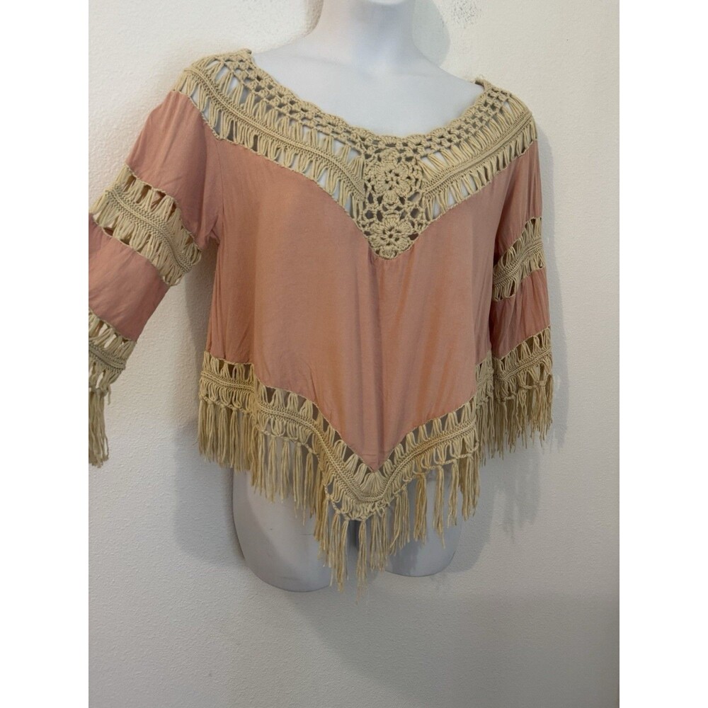 Umgee Womens BOHO Top M Pink Crochet Fringe Festival Hippie Blouse - Picture 2 of 6